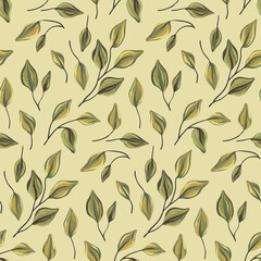 Seamless pattern with small hand drawn leaves in an abstract composition. Elegant botanical background, print with painting botany, falling foliage in natural colors. Vector illustration.