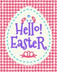 Vector easter greeting card with wish - hello easter, symbol birds and eggs colorful style on pink checkered background for promotion, banner sale, offer, party poster, tag, decoration, stamp, label
