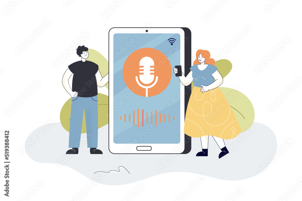 Poster people using voice recording software in phone. tiny man and woman and smartphone with microphone on