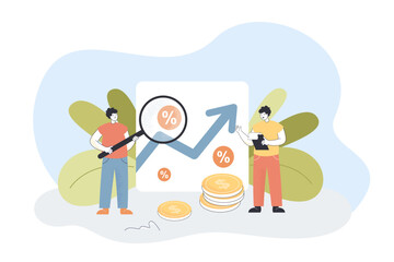 People looking through magnifying glass at profit graph growth. Tiny male analysts analyzing income in percent flat vector illustration. Interest concept for banner, website design or landing web page