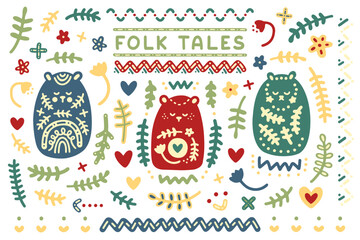 Bright collection in scandinavian folk style. Forest ethnic fairy-tale motifs, ornaments, cute bear cubs, inscription, leaves and flowers for children, textiles, postcards, decor, patterns, interior © Libradaria
