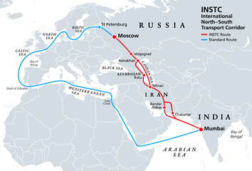 INSTC, International North–South Transport Corridor, political map. Network for moving freight, with Moscow as north end and Mumbai as south end, replacing the standard route across Mediterranean Sea. - obrazy, fototapety, plakaty