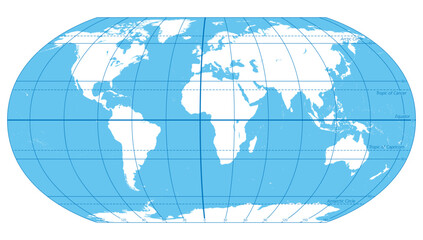 The World, important circles of latitudes and longitudes, blue colored political map. Equator, Greenwich meridian, Arctic and Antarctic Circle, Tropic of Cancer and Capricorn. Illustration. Vector. - obrazy, fototapety, plakaty