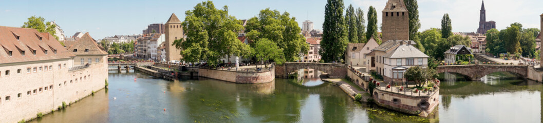 Fototapeta na wymiar Panoramic view of medieval bridge Ponts Couverts from the Barrage Vauban in Strasbourg. France