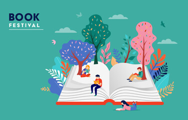 Book festival concept of a small people, kids reading an open huge book. Back to school, library concept design. Vector illustration, poster and banner - obrazy, fototapety, plakaty