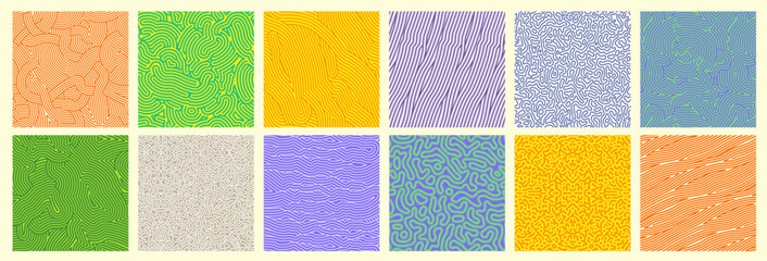Seamless patterns, abstract organic lines color backgrounds set. Biological patterns with yellow, purple and blue memphis dots, irregular squiggle lines and abstract shape texture - obrazy, fototapety, plakaty
