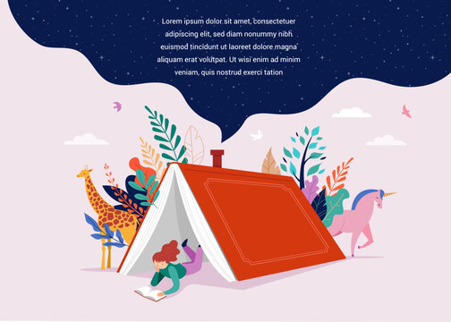 Book festival concept. Little girl reading in the open huge book, opened as a home. Fantasy, adventures and Imagination concept design. Vector illustration, poster and banner 