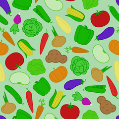 vegetable seamless pattern flat style with cabbage, potato, carrot, onion, corn, pepper, pea, bean, radish, pumpkin, tomato, chilli, cucumber for banner sale, web, logo, decoration. vector 10 eps