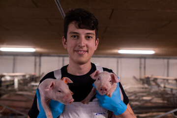 A farm worker in a special white uniform and blue gloves holds and hugs two piglets and looks at...