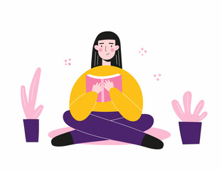 Girl read book sitting in lotus position. Young woman relax at home with literature. Vector illustration.