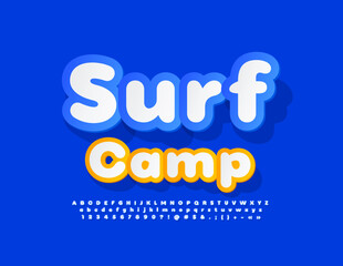 Vector bright sign Surf Camp. Bright Sticker Font. Creative Alphabet Letters and Numbers