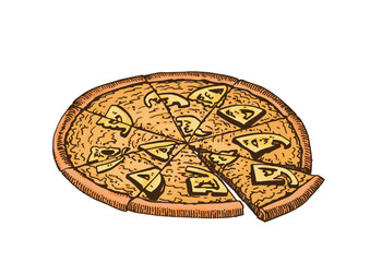 Vector hand-drawn delicious pizza on white isolated, fast food element