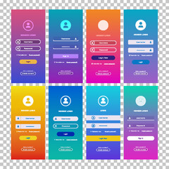 Vector login form page set isolated on transparent background for website ui elements, app development, smartphone mockups, online registration, user profile, access to account concept. 10 eps