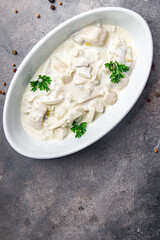 herring sour cream white sauce fresh healthy meal food snack on the table copy space food background