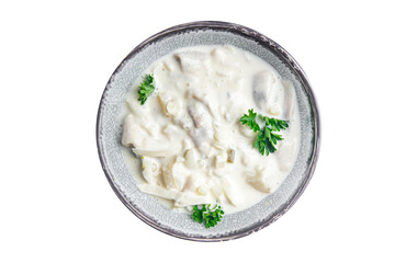 herring sour cream white sauce fresh healthy meal food snack on the table copy space food background