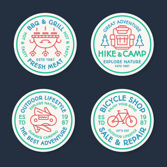 Camping logo set line color style consisting of backpack, bicycle, barbecue, grill, trees for tourist symbol, explore emblem, travel badge, expedition label, t shirt print, poster, banner, kids camp