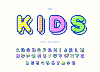 Kids cool alphabet modern typography. Font trendy colorful bold 3d sans serif style for t shirt, promotion, party poster, kids book, greeting card, sale banner, printing on fabric, decoration. 10 eps