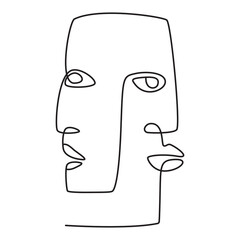Abstract faces couple geometric vector illustration. Black and white. White background. One line drawing.