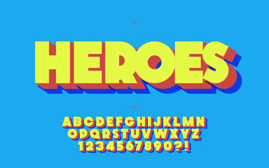 Heroes font 3d bold style modern typography for poster, event decoration, motion, video, game, t shirt, book, banner, printing. Cool typeface. Trendy alphabet. Vector 10 eps