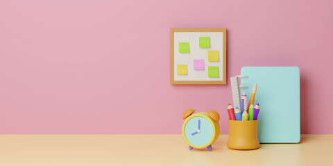 Back to school concept with books, pencils basket, alarm clock and accessory with copyspace. 3D Rendering illustration.