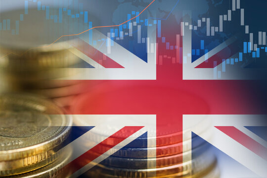 Stock market investment trading financial, coin and United Kingdom flag or Forex for analyze profit finance business trend data background.