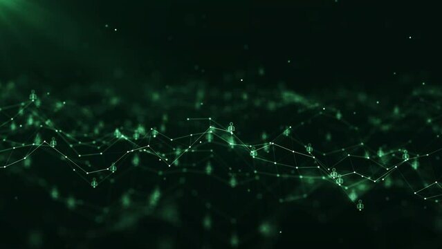 social media technology communication network connection concept. There is a polygon connected to a slow moving people icon on a dark green background.