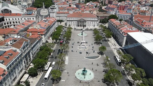 An aerial view of the Dom Pedro IV Square (Portuguese: Pra&ccedil;a Dom Pedro IV) and Restauradores Square (Portuguese: Pra&ccedil;a dos Restauradores, upper left), Lisbon, Portugal