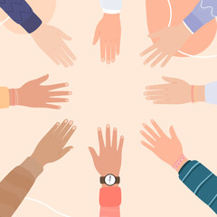 Diverse team putting their hands together; Friends with stack of hands showing unity and teamwork; top view. Vector flat illustration; unity; partnership; agreement; Teamwork concept.