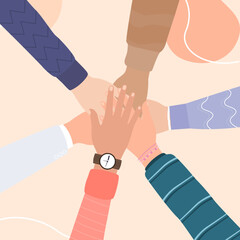 Diverse team putting their hands together; Friends with stack of hands showing unity and teamwork; top view. Vector flat illustration; unity; partnership; agreement; Teamwork concept.