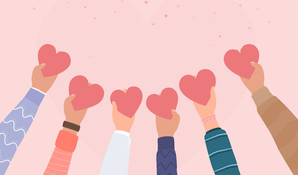 Hands holding hearts symbol for donation concept, Concept of charity and donation, Several people hold big heart synbol on their hands, People take care love, Give and share your love to people, coope