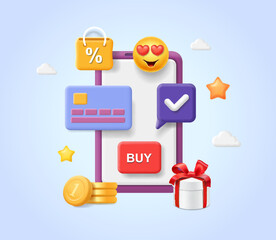 Shopping Online with mobile phone app. Mobile paying, online purchases, buying with bank card concept, 3d vector