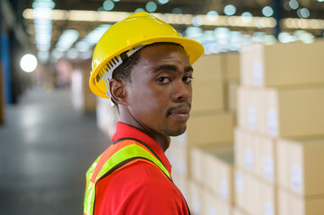 Portrait of young mixed race male worker wearing helmet in modern warehouse storage of retail shop