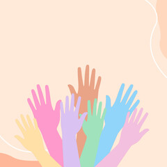 Social diversity concept, Hands up of different types of colors design, Teamwork, collaboration, voting concert, People raising hands in the air, Hands Diverse Diversity Ethnic Ethnicity Variation, In