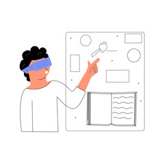 The concept of teaching a child with an augmented reality tool. Boy in AR glasses. Vector illustration in flat style