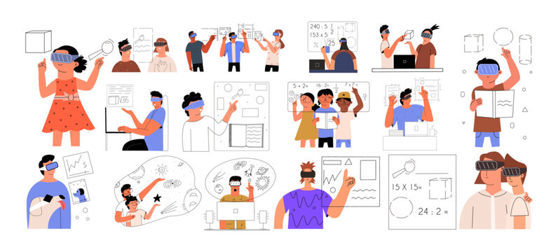 A big set of augmented reality interaction concepts. People in AR glasses study courses, work, play. Set vr scenes. Vector illustration in flat style