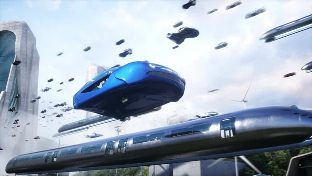 People in flying car. Futuristic city. flying car traffic. Future concept. Realistic 4k animation.
