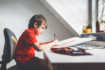 Portrait of little kid boy with glasses at home making homework, writing and learning. Little child doing exercise, indoors. Elementary school and education, home schooling concept.