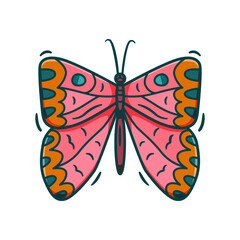 Red colorful butterfly vector illustration. Flat cartoon animal with big wings isolated on white background. Flying exotic insect. Outline with color print design