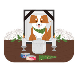 Funeral scene of a dead dog. Items that the dog loved while he was alive, the dog's ashes box, and chrysanthemums are placed there. Pet death concept vector illustration.