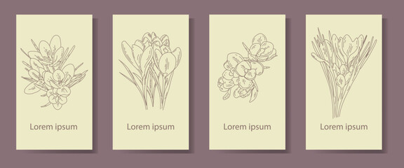 Set of four monochrome backgrounds with flower outlines. Flat illustration with floral elements. Gentle design for postcards, flyers, invitations, flyers, cards, packaging, labels.