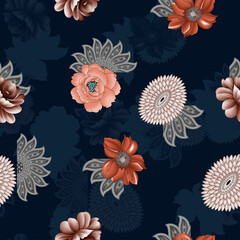 textile flower with black ground seamless digital print design