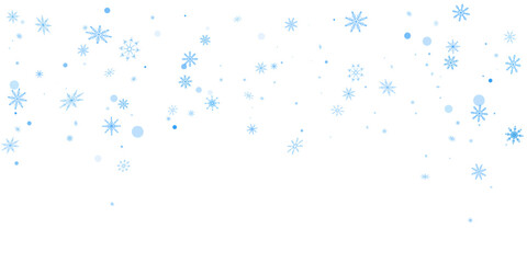 Blue delicate openwork snowflakes scatter on a white background. Festive background, postcard design, wallpaper