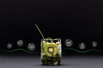 Flavored water with kiwi and fresh herbs, on a black background and icons around it.