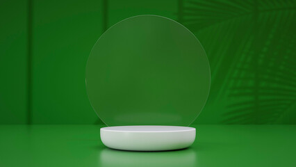 In a green room with a shadow on the wall from tropical leaves, a white podium with a glass circle - 3D rendering