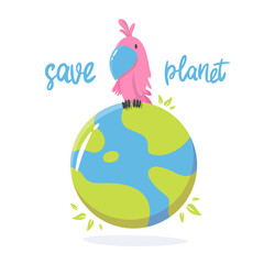 Cartoon illustration of an parrot with earth in support of ecology. save the planet