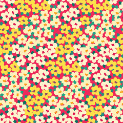 Seamless floral pattern, cute ditsy print with small flowers in liberty composition. Retro style botanical background with tiny hand drawn plants, white, yellow flowers, leaves on a red field. Vector.