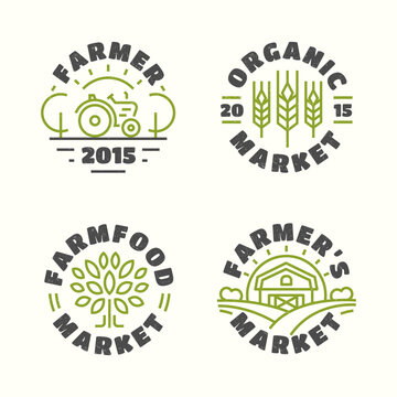 Organic and farm food market emblem set color line style isolated on background for farming, natural product company, healthy food shop, vegan cafe, eco store, nature firm, garden. Vector Illustration