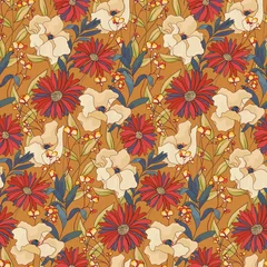 Fototapeten Seamless autumn pattern with large wild flowers, various hand drawn plants. Elegant floral print, vintage botanical background with flowers, leaves and herbs. Vector illustration. © Yulya i Kot