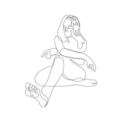 Drawing silhouette of sitting woman isolated on white background. One line art. Can be used like template, poster, beauty card, placard etc. Vector illustration