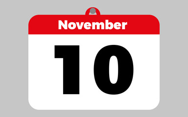 November, 10. White and red calendar.